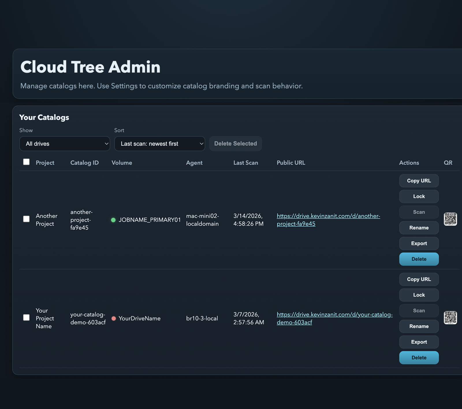 Cloud Tree admin dashboard with catalog controls and merged catalog creation tools.