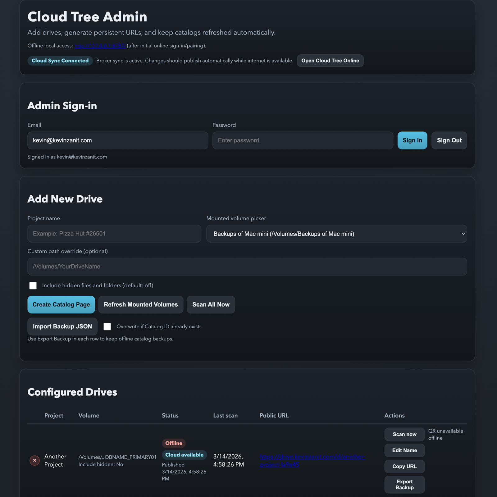 Cloud Tree agent status view showing offline scan states and queued sync changes.
